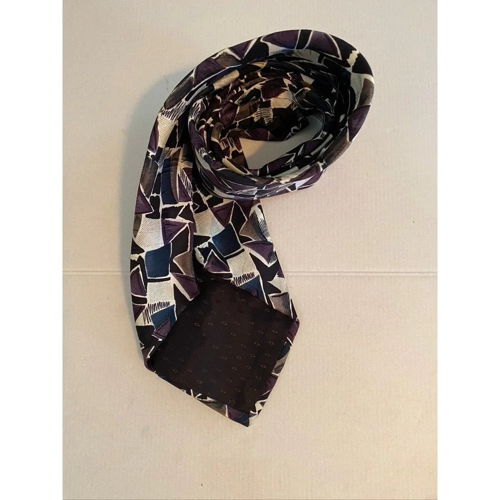 Savile Row Mens Geometric Abstract Silk Tie Purple Grey Black 90s Retro Vintage
